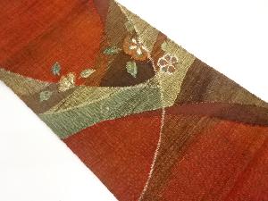 手織り真綿紬曲線に花葉模様織出し名古屋帯